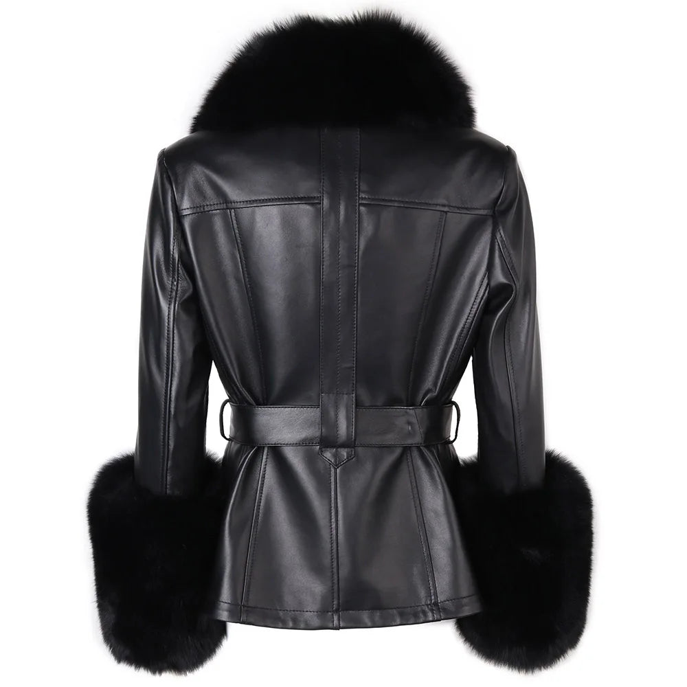 Jackie Vivienne Fox Fur Collar with Sheepskin Leather Coat