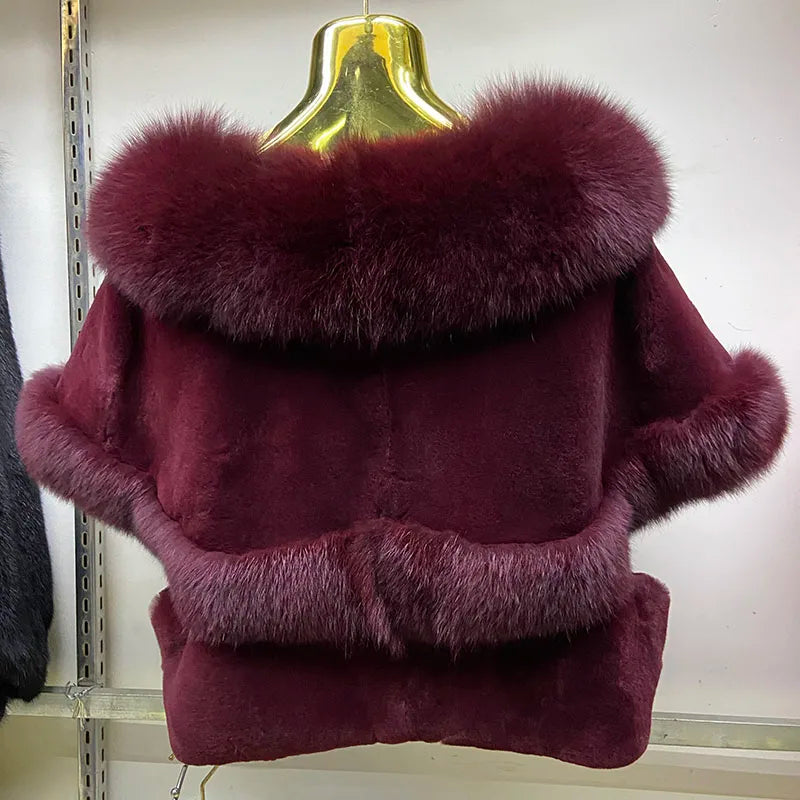 Structured Fox Fur Trimmed Rex Rabbit Poncho – Shorter, Cozy & Stylish