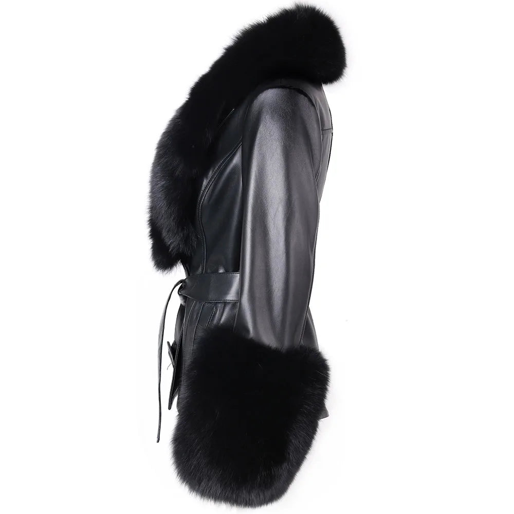Jackie Vivienne Fox Fur Collar with Sheepskin Leather Coat