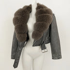 Harper Glamorous Leather Jacket with Fox Fur Collar