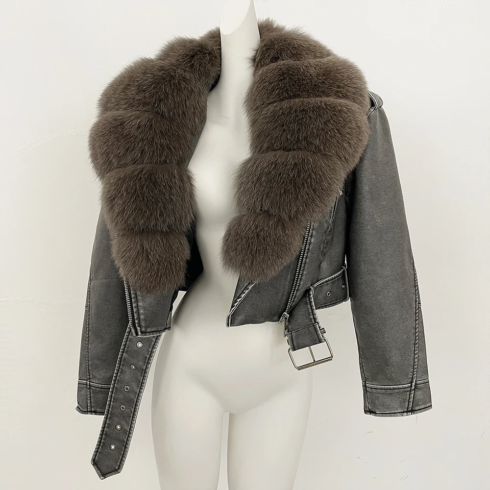 Harper Glamorous Leather Jacket with Fox Fur Collar