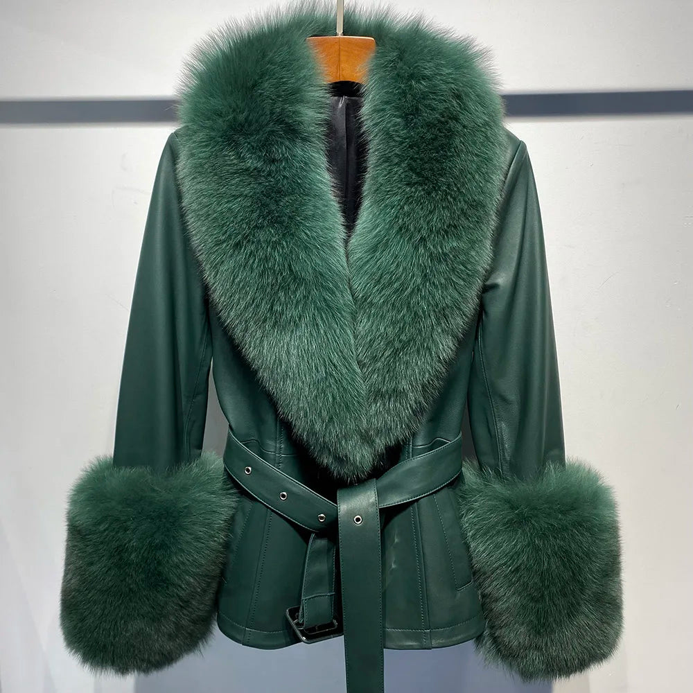 Jackie Vivienne Fox Fur Collar with Sheepskin Leather Coat