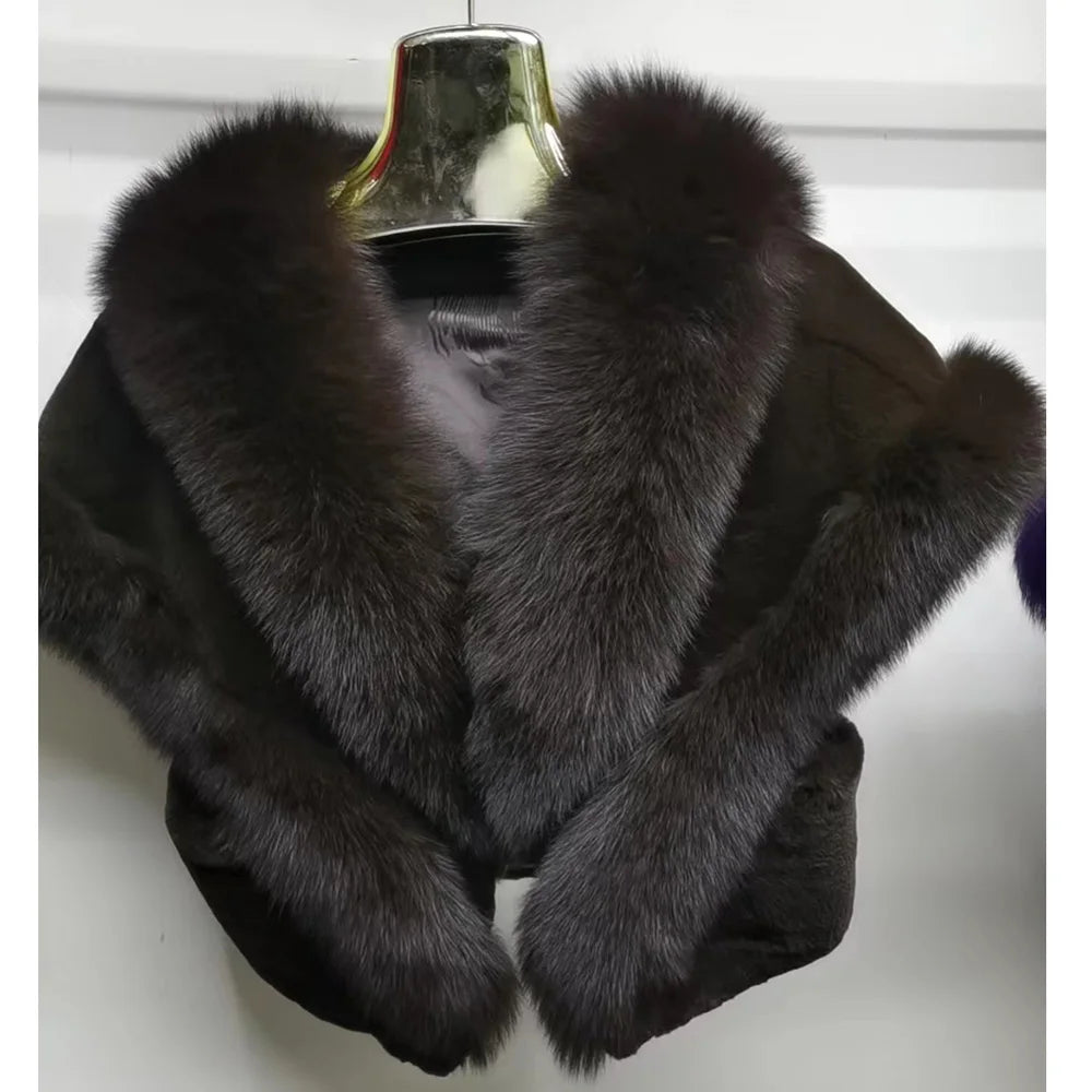 Structured Fox Fur Trimmed Rex Rabbit Poncho – Shorter, Cozy & Stylish