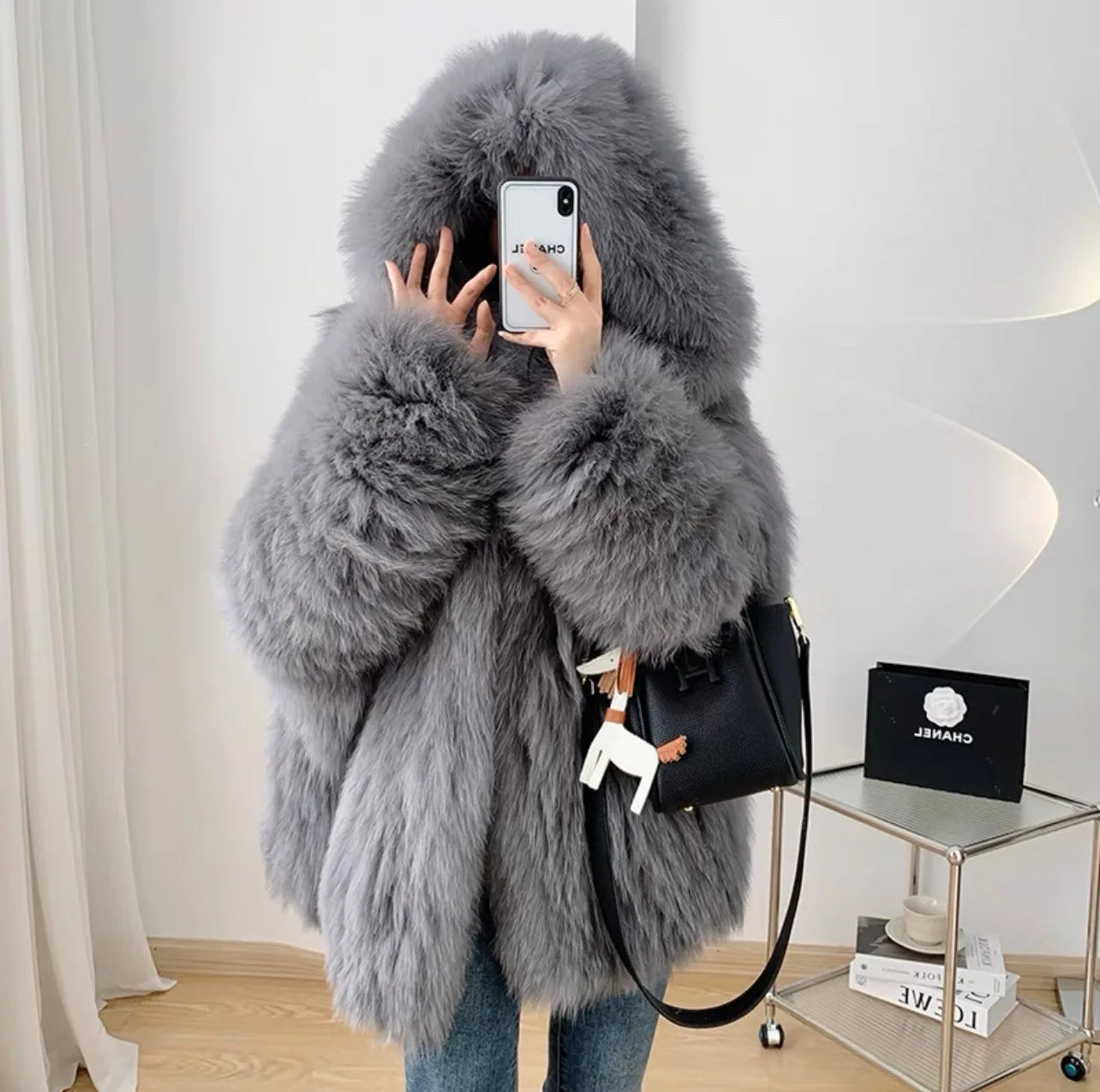 Lili Rose Oversized Real Fox Fur Coat with Hood
