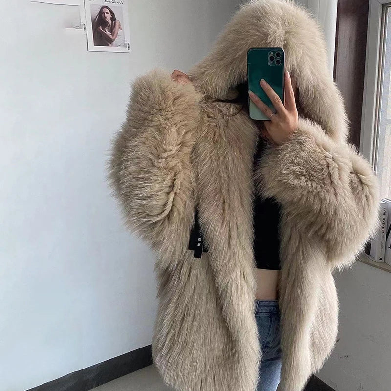 Lili Rose Oversized Real Fox Fur Coat with Hood