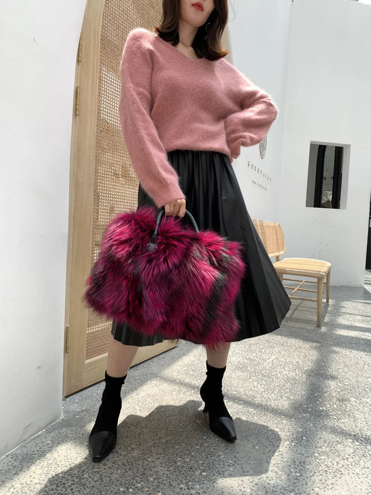 Real Fox Fur Tote Bag For Women Designer Luxury Exclusive