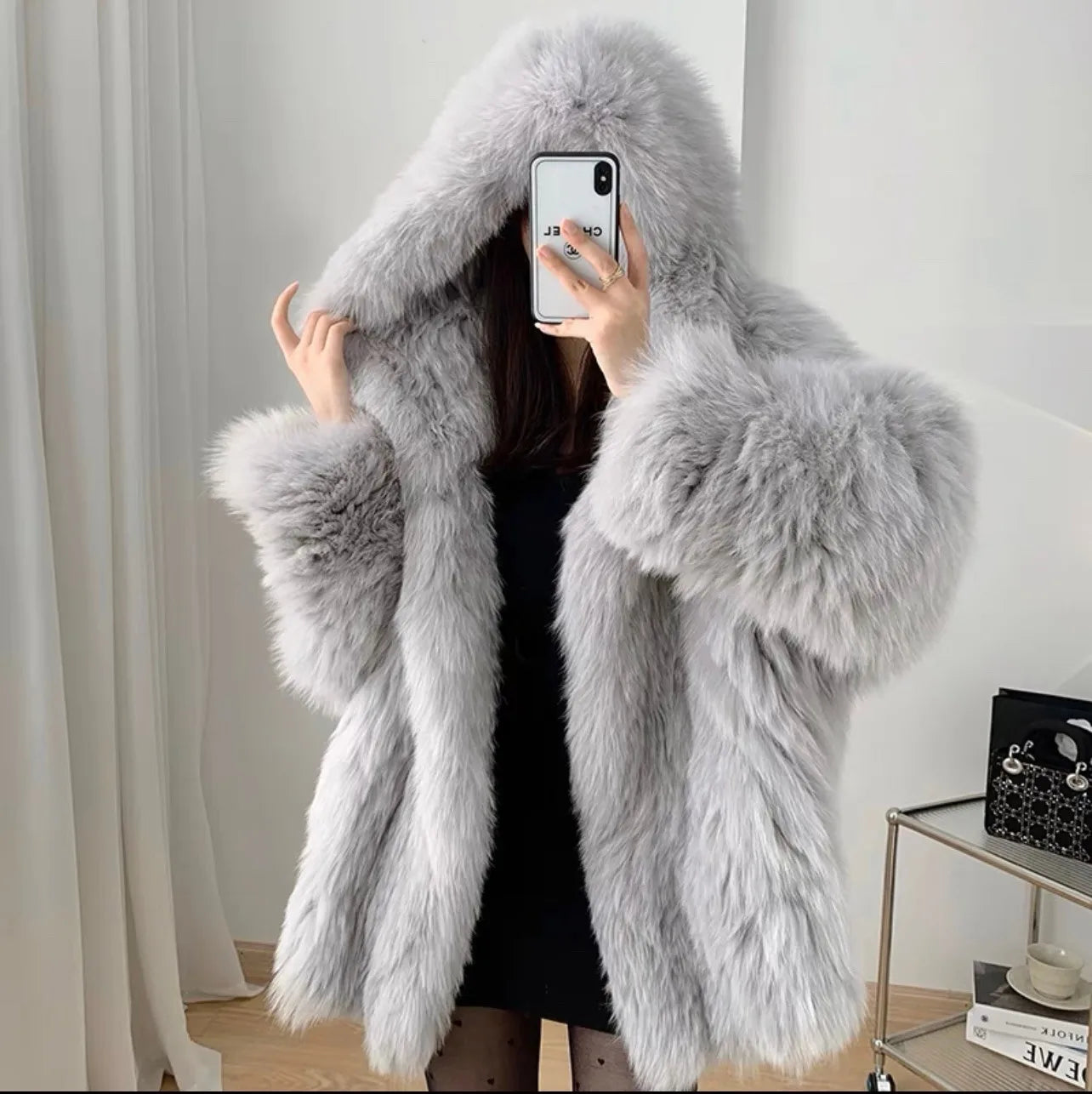 Lili Rose Oversized Real Fox Fur Coat with Hood