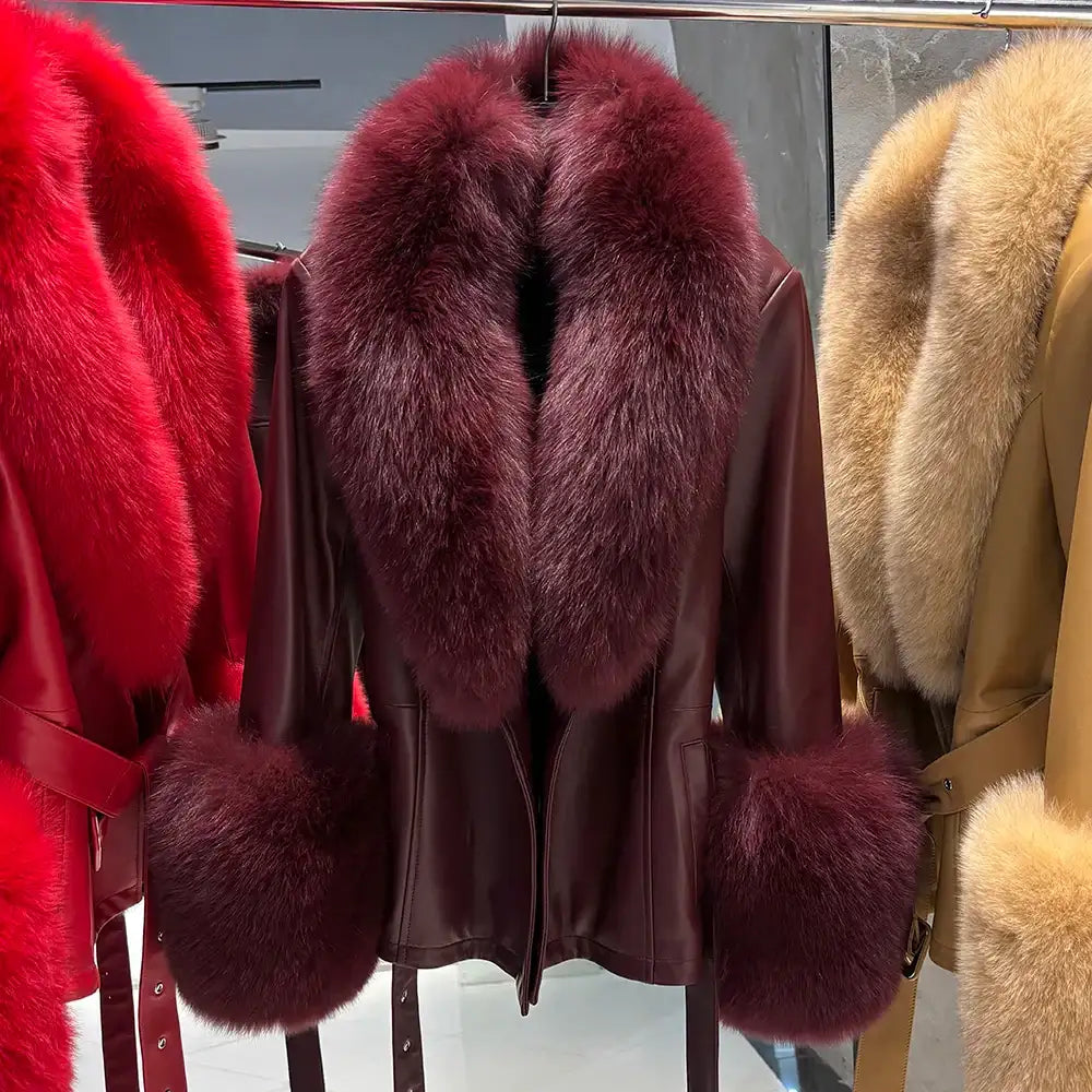 Jackie Vivienne Fox Fur Collar with Sheepskin Leather Coat