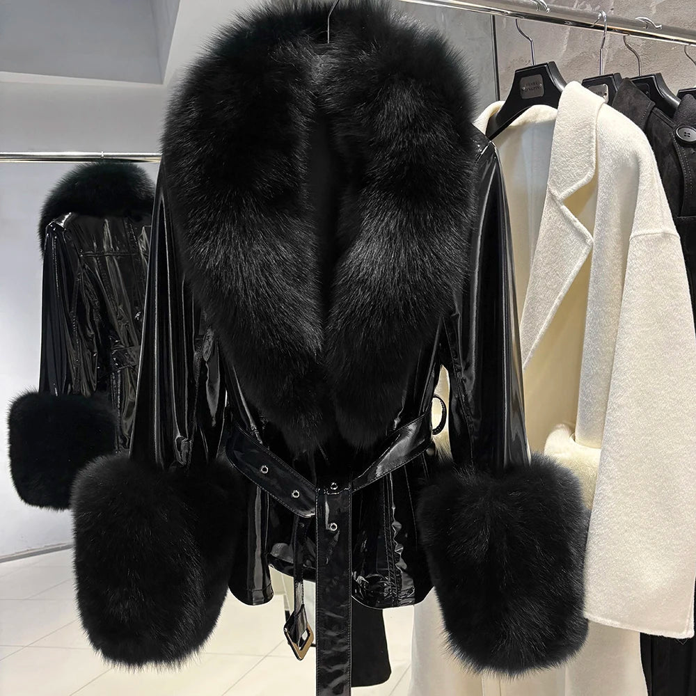 Jackie Vivienne Fox Fur Collar with Sheepskin Leather Coat