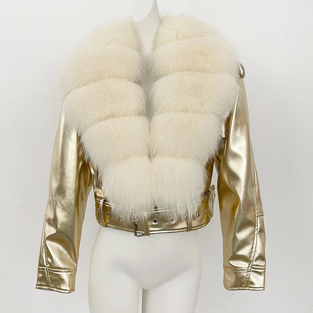 Harper Glamorous Leather Jacket with Fox Fur Collar