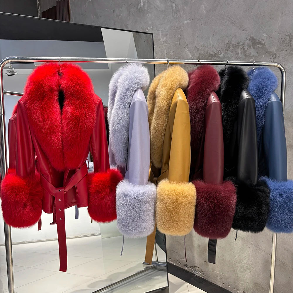 Jackie Vivienne Fox Fur Collar with Sheepskin Leather Coat
