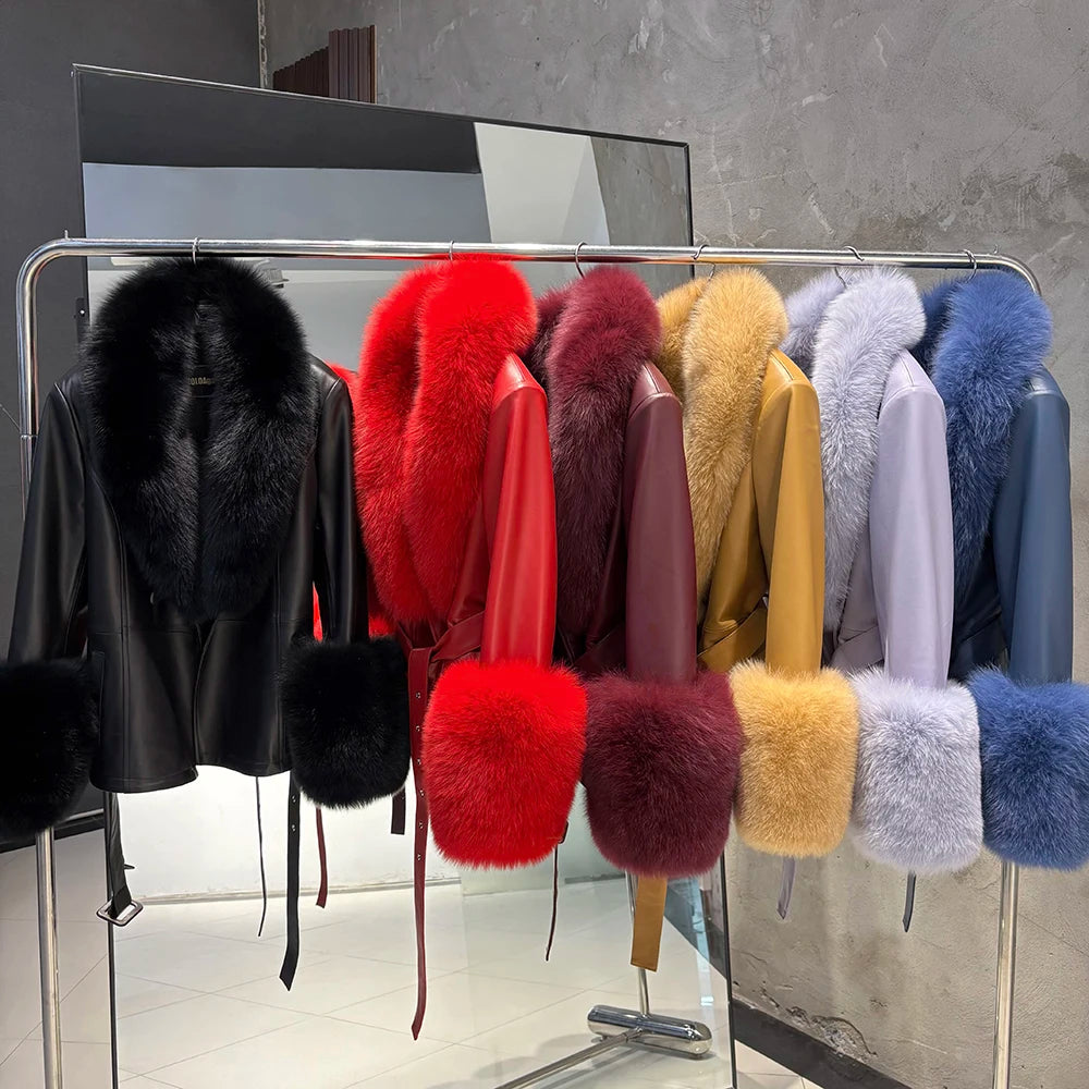 Jackie Vivienne Fox Fur Collar with Sheepskin Leather Coat