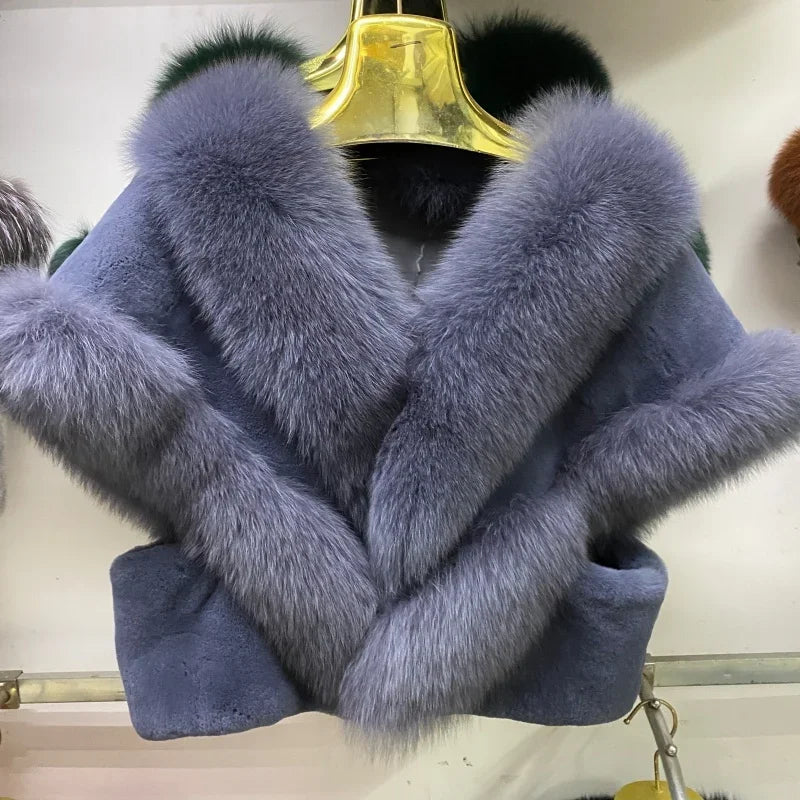 Structured Fox Fur Trimmed Rex Rabbit Poncho – Shorter, Cozy & Stylish