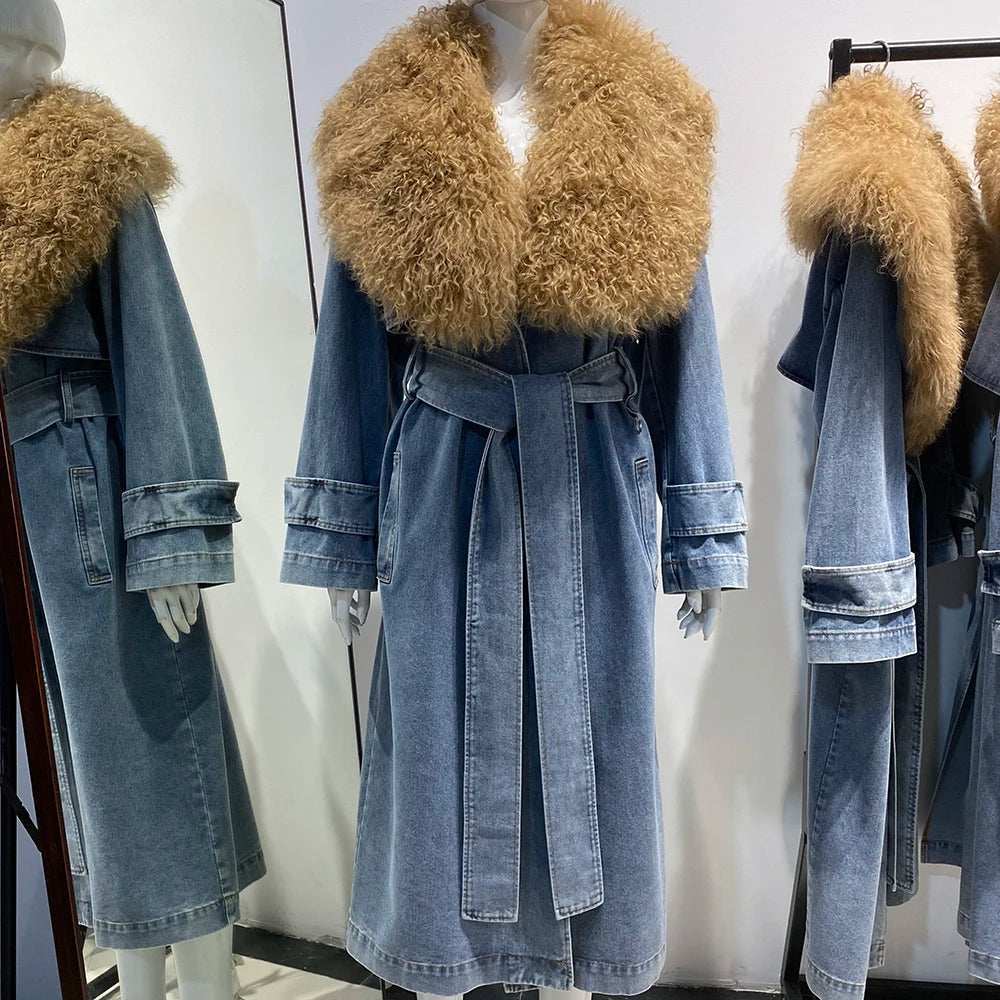 Amelia Sheep Fur Collar Denim Trench - La Vita Rosa