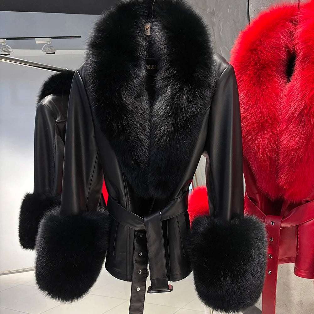 Jackie Vivienne Fox Fur Collar with Sheepskin Leather Coat