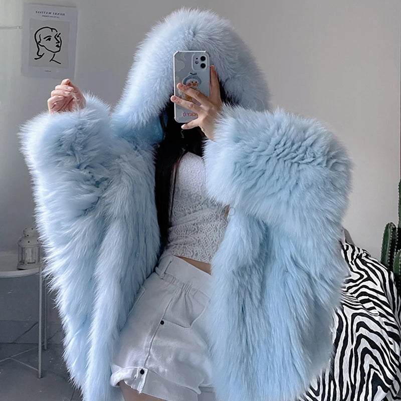 Lili Rose Oversized Real Fox Fur Coat with Hood