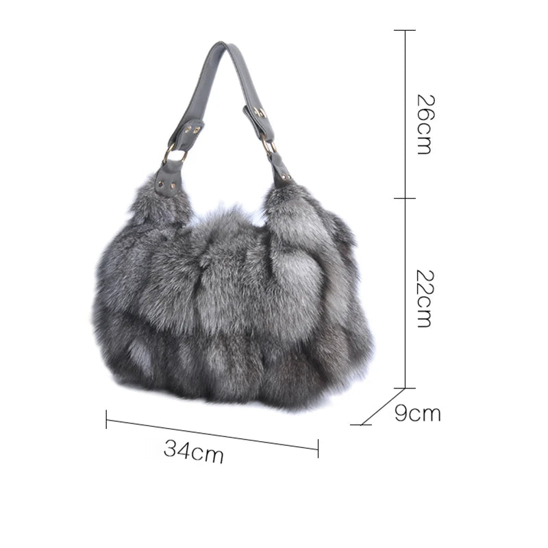 Real Fox Fur Handbag Luxury Tote Rare Silver Fox Collection