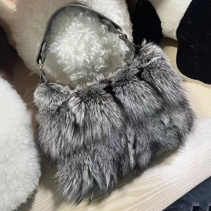 Real Fox Fur Handbag With Leather Trim Winter Collection