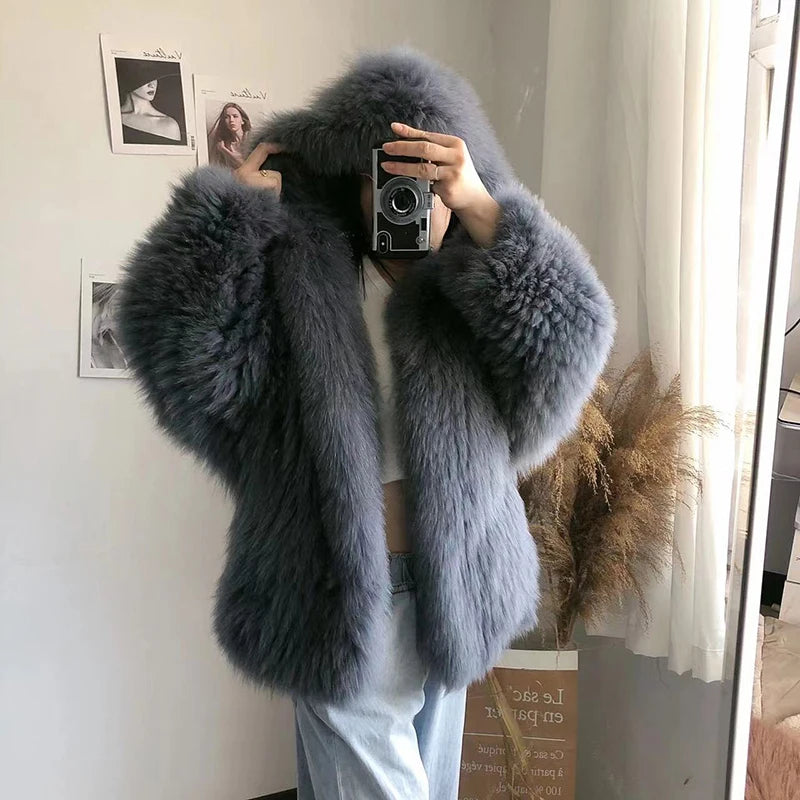Lili Rose Oversized Real Fox Fur Coat with Hood