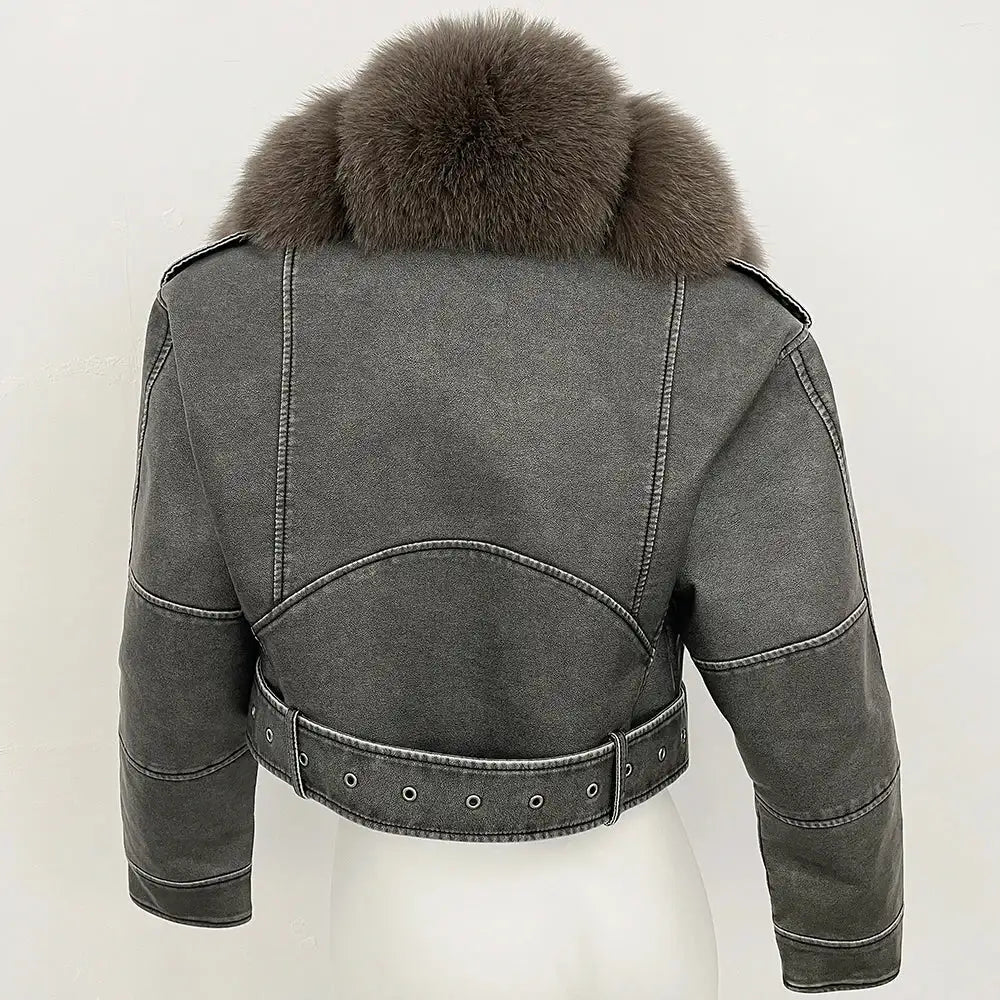 Harper Glamorous Leather Jacket with Fox Fur Collar