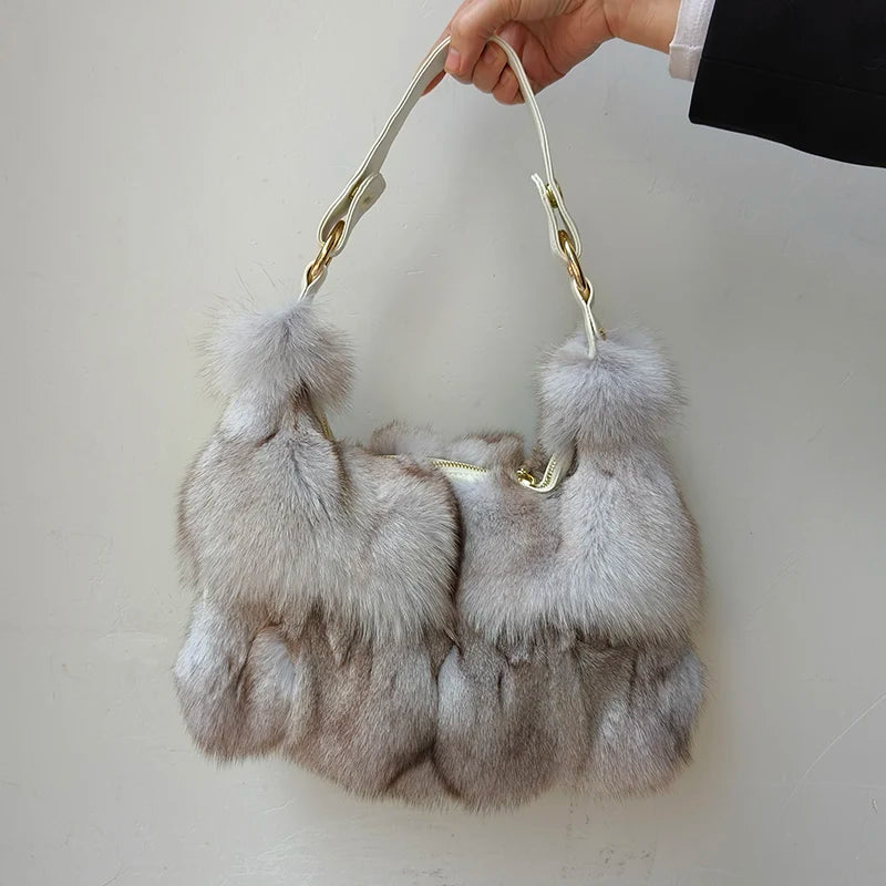 Real Fox Fur Handbag Luxury Tote Rare Silver Fox Collection