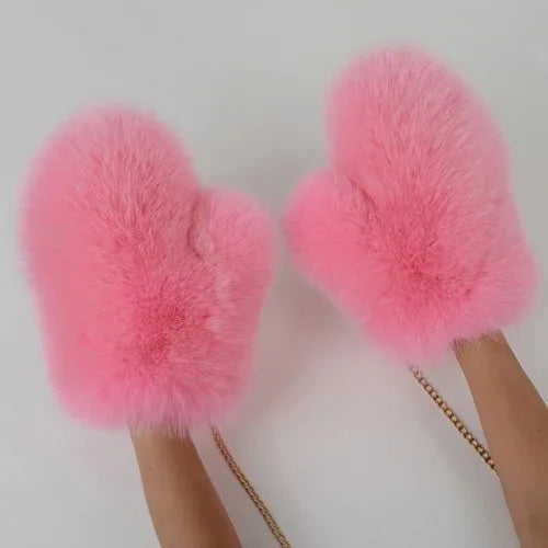 Fluffy fox fur gloves