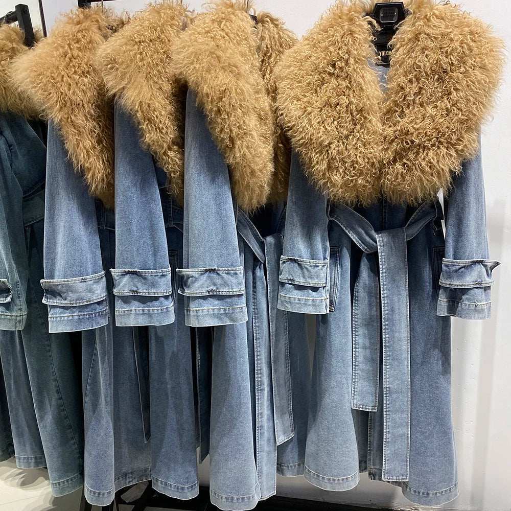 Amelia Sheep Fur Collar Denim Trench - La Vita Rosa