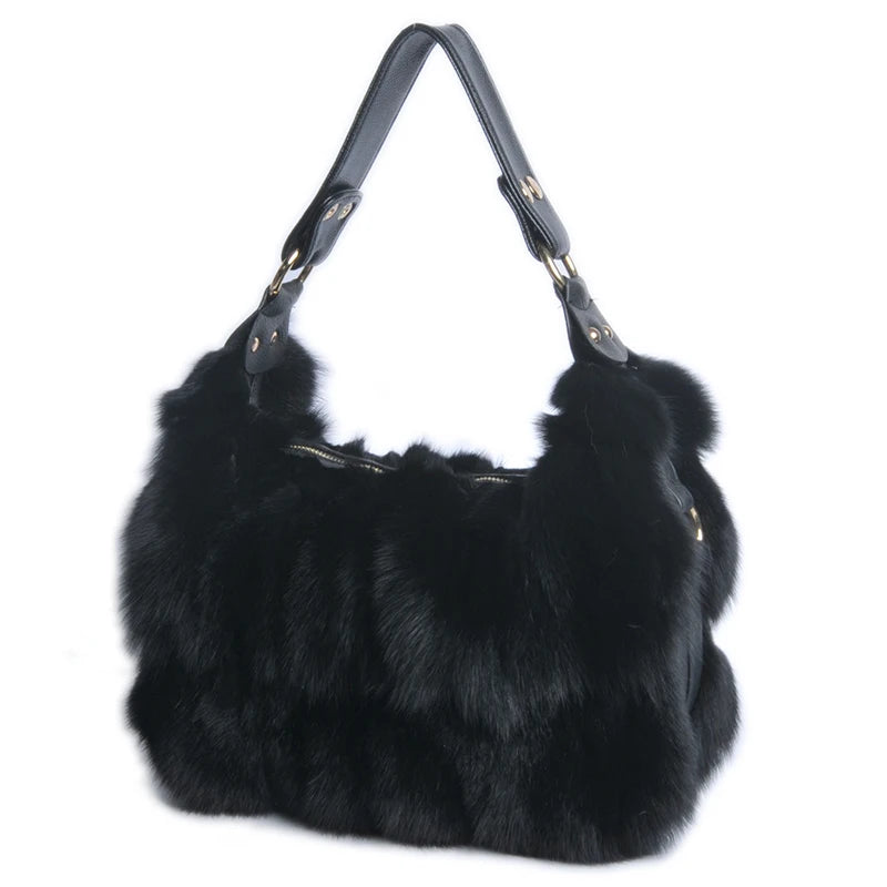 Real Silver Fox Fur Handbag Premium Leather Tote Exclusive