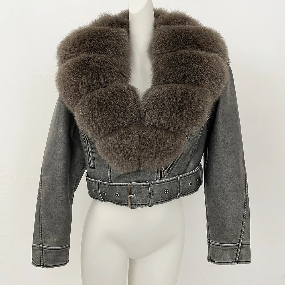 Harper Glamorous Leather Jacket with Fox Fur Collar