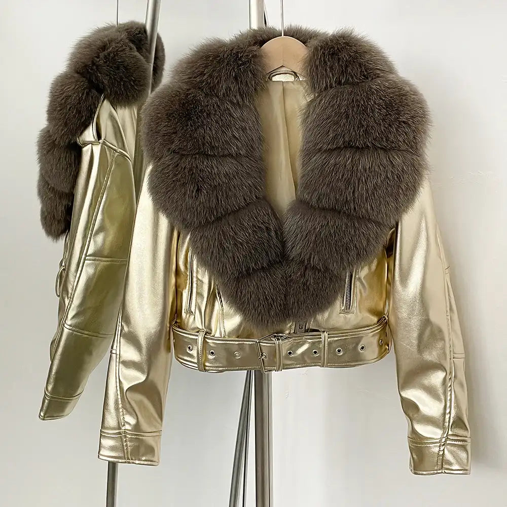 Harper Glamorous Leather Jacket with Fox Fur Collar