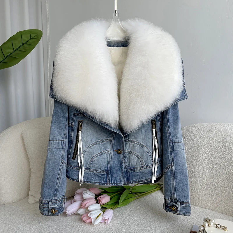Audrey  Fox Fur Collar Denim Down Jacket