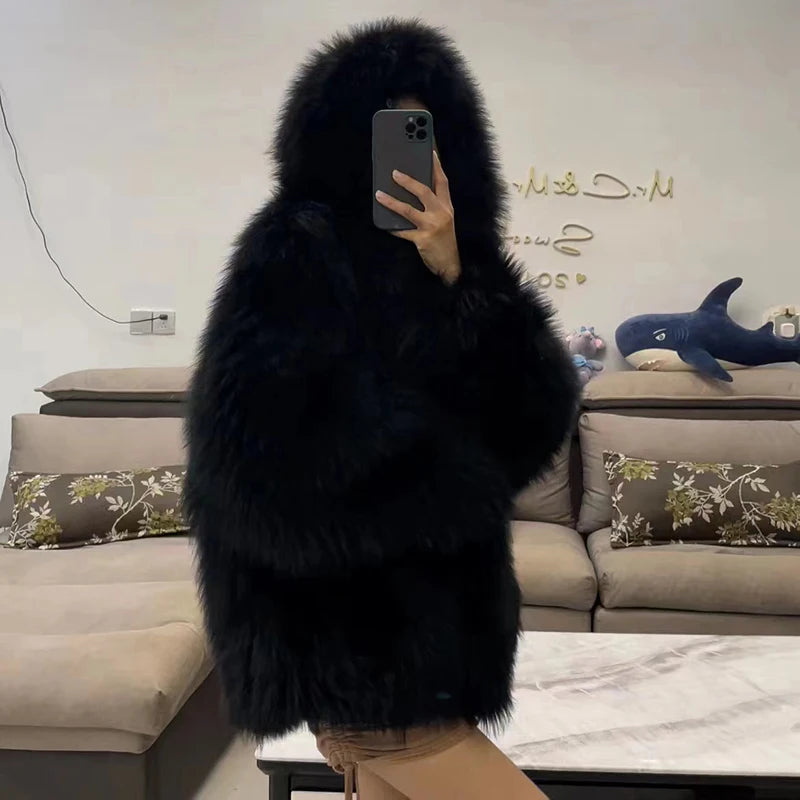 Lili Rose Oversized Real Fox Fur Coat with Hood