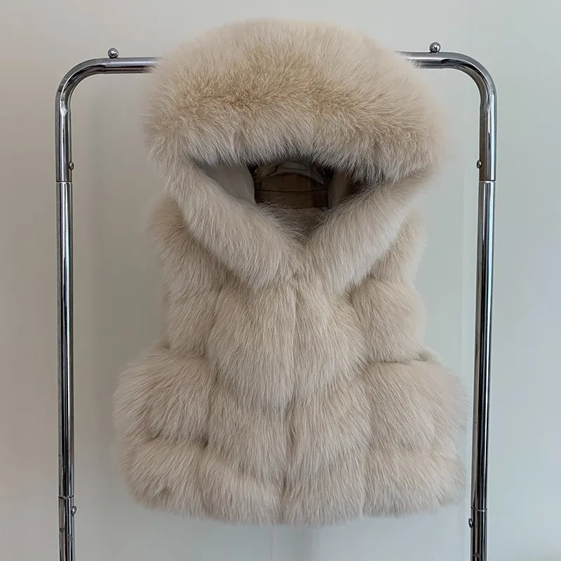 Lisa Maria Sleeveless Genuine Fox Fur Vest with Hood