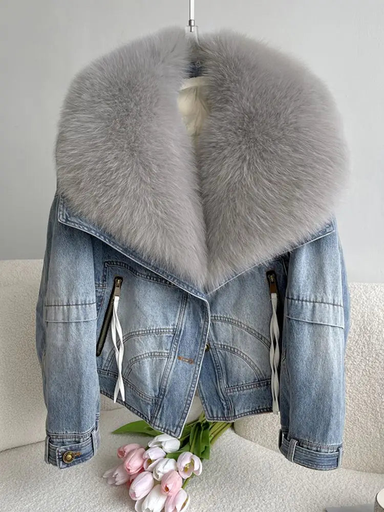 Audrey  Fox Fur Collar Denim Down Jacket