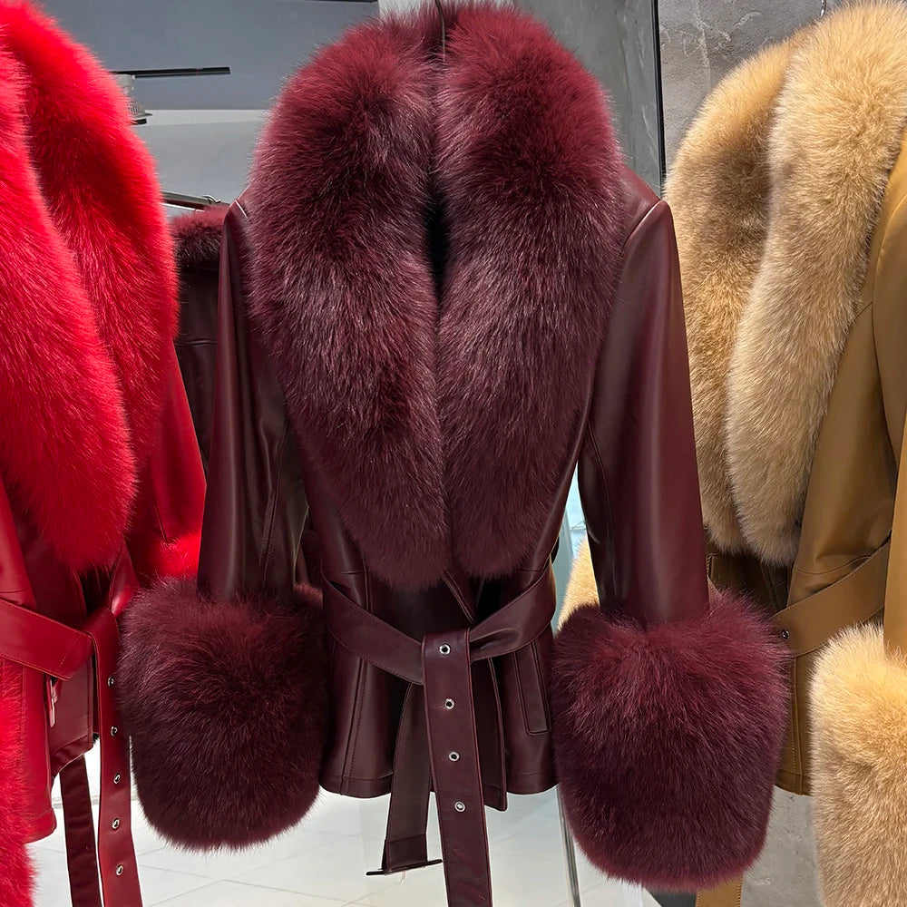 Jackie Vivienne Fox Fur Collar with Sheepskin Leather Coat