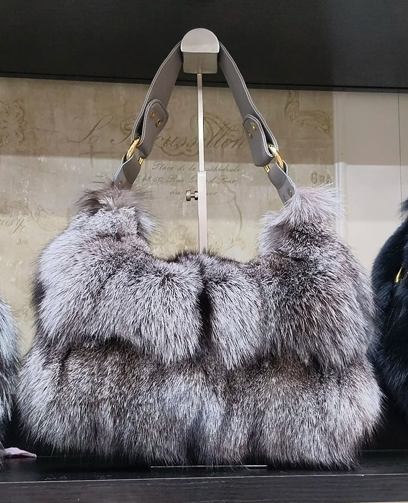 Real Fox Fur Handbag With Leather Trim Winter Collection