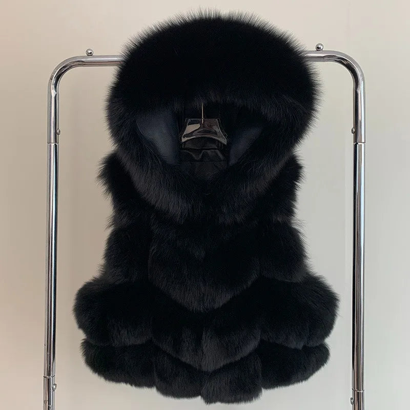 Lisa Maria Sleeveless Genuine Fox Fur Vest with Hood