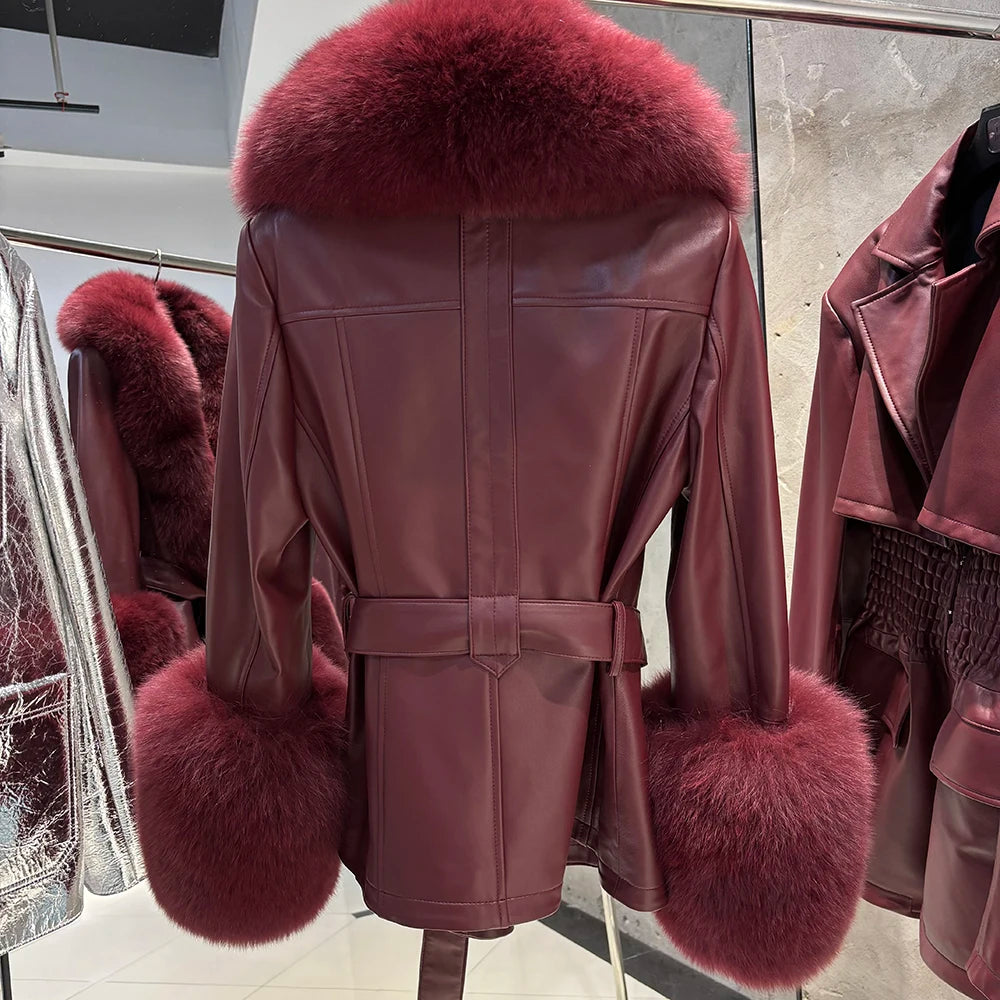 Jackie Vivienne Fox Fur Collar with Sheepskin Leather Coat