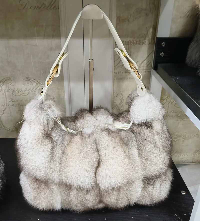 Real Fox Fur Handbag Luxury Tote Rare Silver Fox Collection