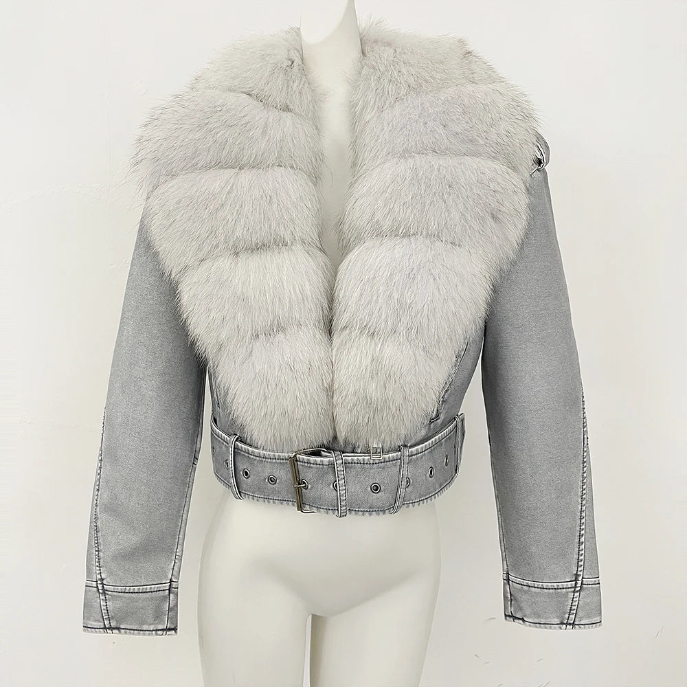Harper Glamorous Leather Jacket with Fox Fur Collar