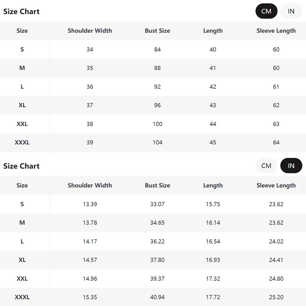 Size chart for clothing with measurements in centimeters and inches.